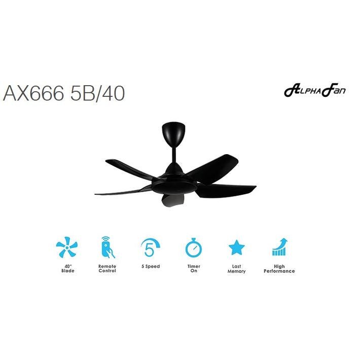 Alpha AX666 5B/40 MATT BLACK Ceiling Fan 40" 5 Blades Matt Black | TBM - Your Neighbourhood Electrical Store