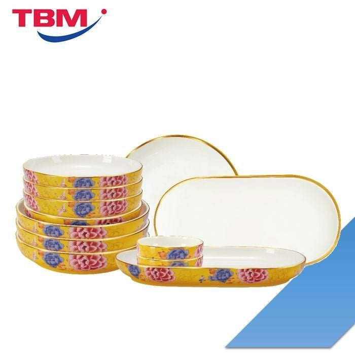 Color King 3636-12S-Y Emperial Peony Plate Set With Golden Rim Yellow | TBM Online