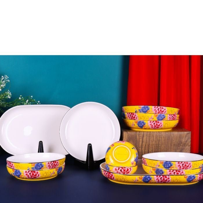 Color King 3636-12S-Y Emperial Peony Plate Set With Golden Rim Yellow | TBM - Your Neighbourhood Electrical Store