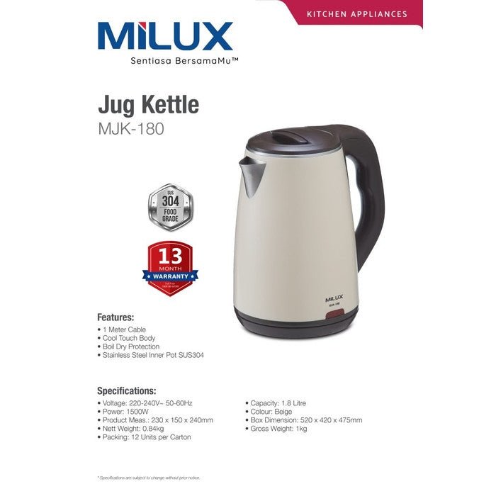 Milux MJK-180 Jug Kettle 1.8L | TBM Online