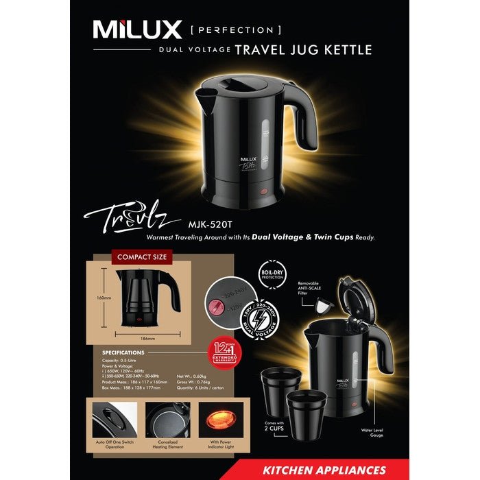 Milux MJK-520T Travel Jug Jettle With Dual Voltage And Twin Cups | TBM Online