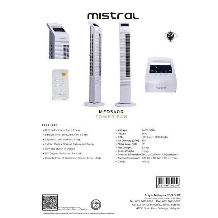 Mistral MFD-540R Tower Fan Led Display 3 Speeds Remote | TBM Online