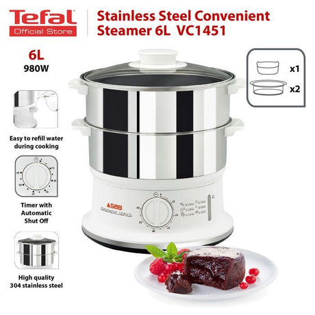 Tefal VC1451 Food Steamer 2 Tiers Round 980W Stainless Steel | TBM Online