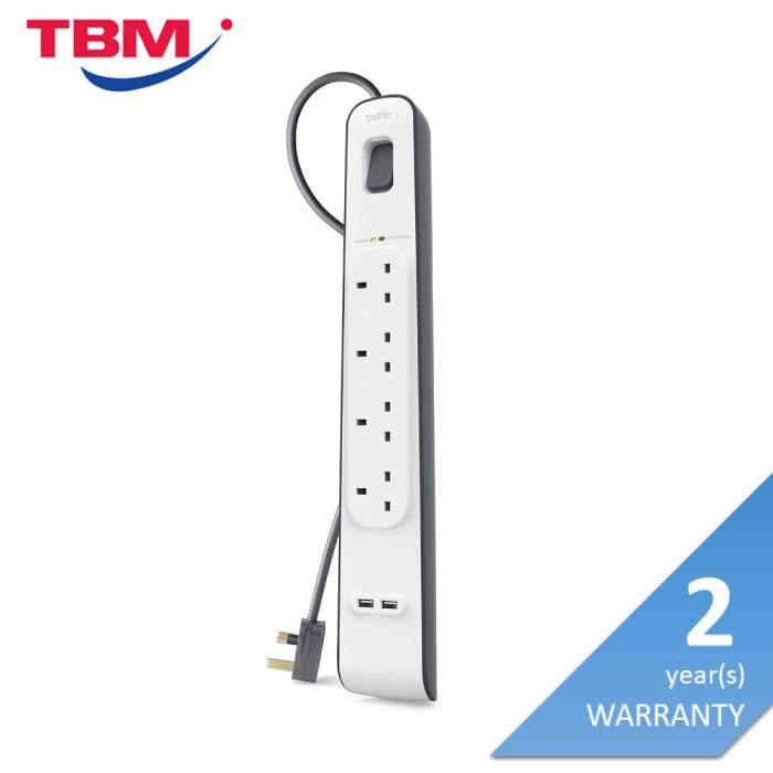 Belkin BSV401SA2M Socket 4 Way Surge + 2.4A Usb Protection 2 Meter | TBM - Your Neighbourhood Electrical Store
