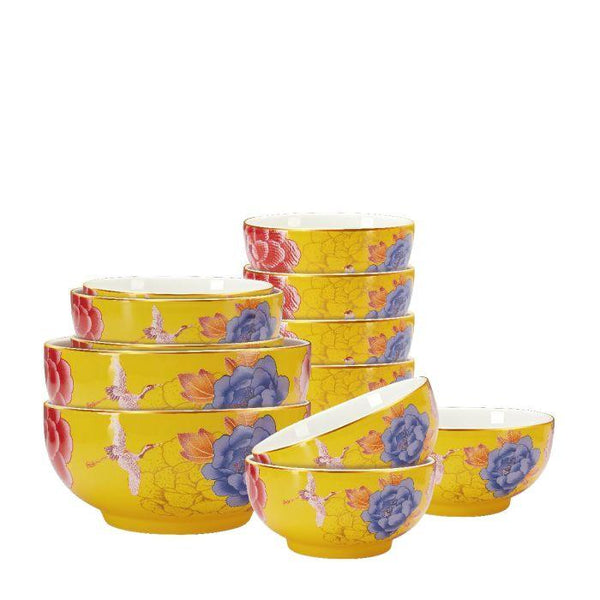 Color King 3637-12S-Y Emperial Peony Bowl Set With Golden Rim Yellow | TBM Online