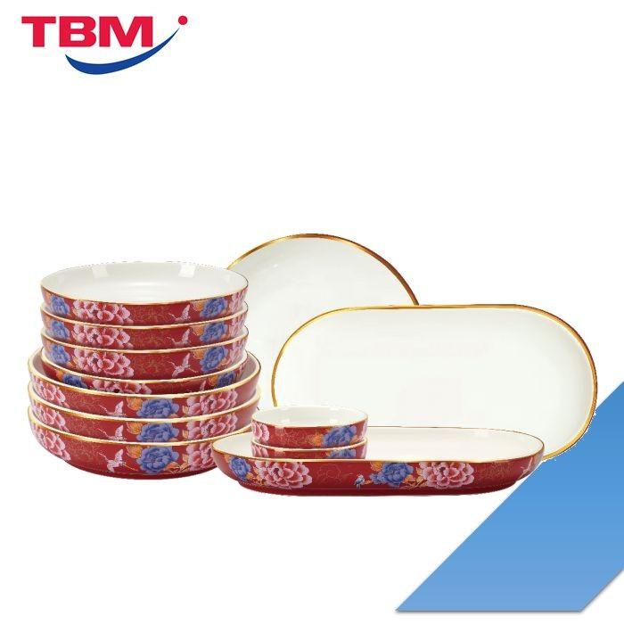 Color King 3636-12S-R Emperial Peony Plate Set With Golden Rim Red | TBM Online