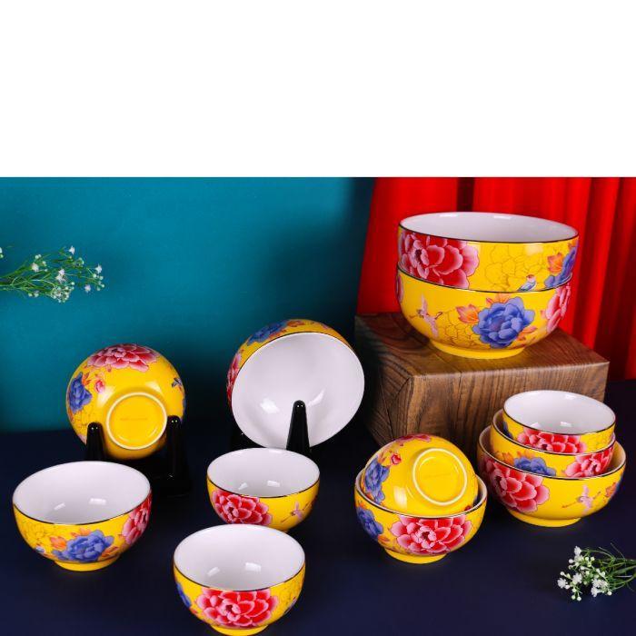 Color King 3637-12S-Y Emperial Peony Bowl Set With Golden Rim Yellow | TBM Online