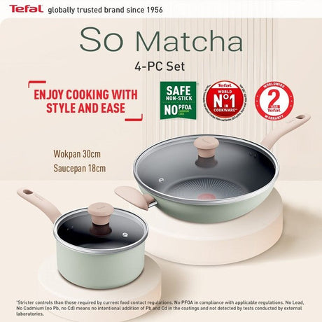 Tefal G179S4 Cookware SO Matcha 4-pc Set (Wokpan 30cm + SCP 19cm) | TBM Online